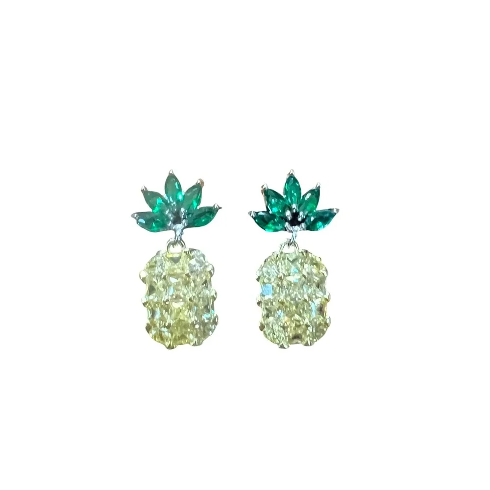 Yellow Green Crystal Pineapple Drop‎ Earrings Tropical Costume Jewelry Summer